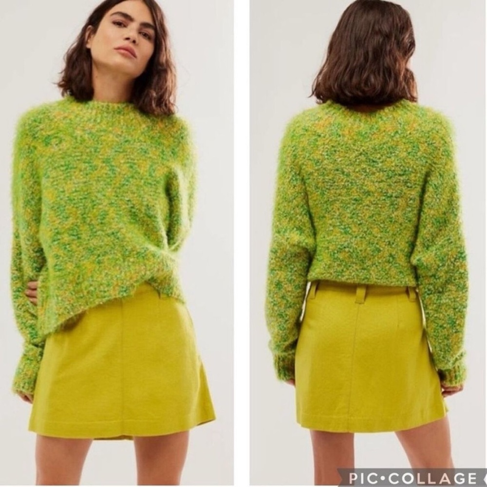 Free People Stardust Pullover Green Medium Fuzzy Cropped Mock Neck Cozy Boho NWT